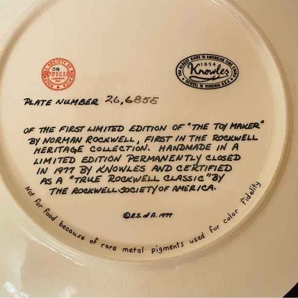Knowles Norman Rockwell Collector Plate The Toy Maker 1977 Plate #26,685E - Picture 5 of 5